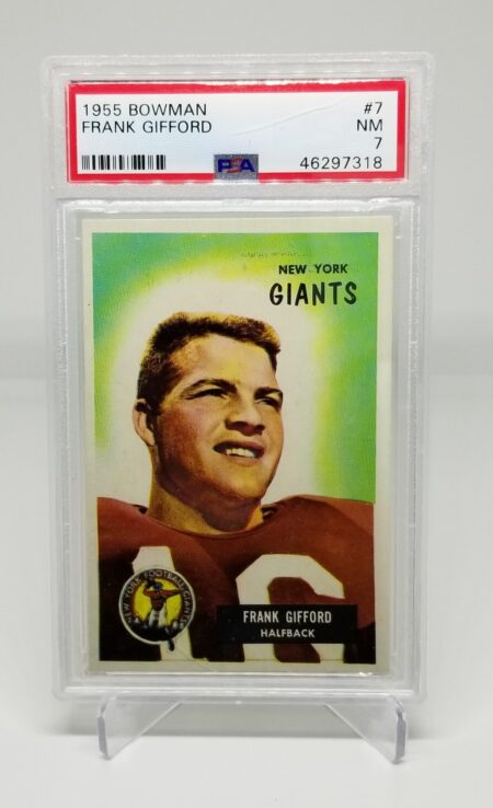 a 1985 Topps John Riggins #189 PSA 8 football card with the image of a giants player.