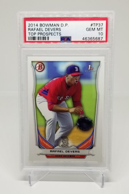 a Rafael Devers 2014 Bowman D.P Top Prospects #TP37 PSA 10 with a baseball player on it.