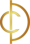 a gold logo with the letter c.