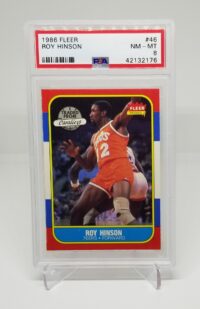 a 1986 Fleer Roy Hinson #46 PSA 8 card with a picture of joey thurman.
