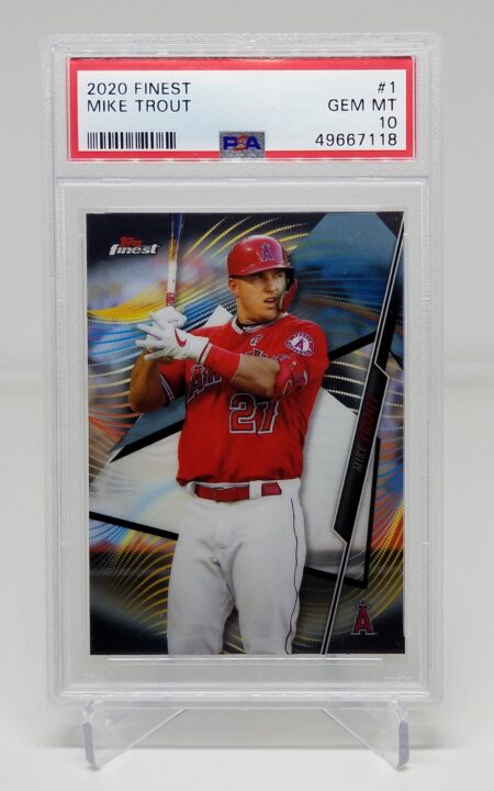 a 2020 Topps Finest Mike Trout #1 PSA 10 with a player on it.