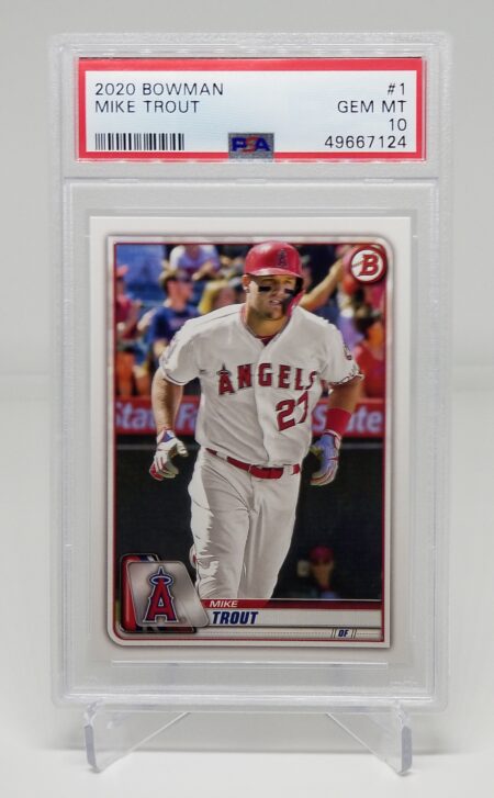 a 2020 Bowman #1 Mike Trout PSA 10 with a baseball on it.