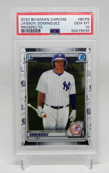 a 2020 Bowman Chrome Jasson Dominguez BCP8 PSA 10 card with a yankees player on it.
