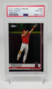 a 2019 Topps Chrome Mike Trout Leaping #200 PSA 10 with a picture of trout on it.