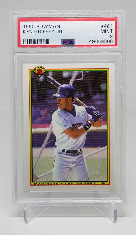a card with a picture of a 1990 Bowman Ken Griffey Jr. #481 PSA 9 baseball player.