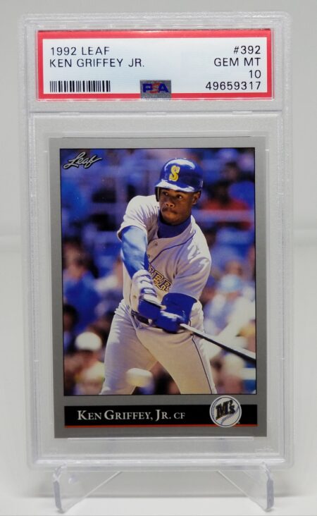 a 1992 Leaf Ken Griffey Jr. #392 PSA 10 LOW POP (42) baseball card with a picture of a baseball player.