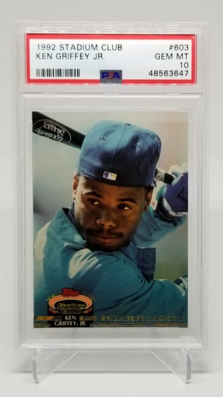 a card with a picture of 1992 Topps Stadium Club Members Choice Ken Griffey Jr. #603 PSA 10 Low Pop (73) baseball player.
