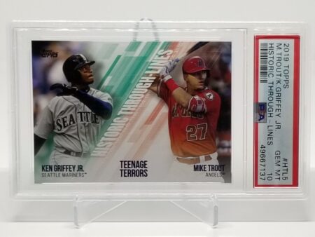 a 2019 Topps Mike Trout & Ken Griffey Jr. Historic Through Lines #HTL5 PSA 10 Low Pop (12) baseball card with two players on it.