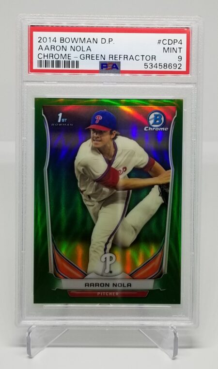 a card with a picture of 2014 Bowman Chrome Aaron Nola Green 136/150 #DDP4 PSA 9 baseball player.
