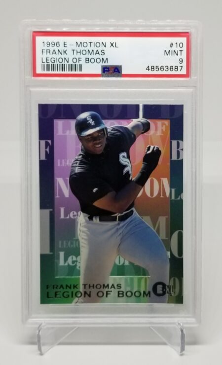 a card with a picture of a 1996 E-Motion XL Frank Thomas Legion Of Boom #10 PSA 9 baseball player.