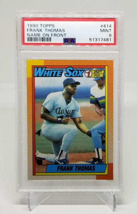 a 1990 Topps Frank Thomas #414 PSA 9 card with a picture of frank thomas.