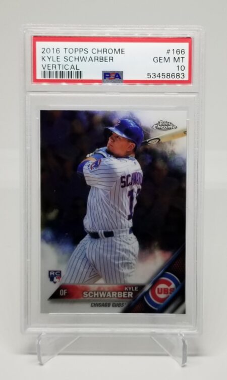 a 2016 Topps Chrome Kyle Schwarber #166 PSA 10 with a picture of a chicago cubs player.