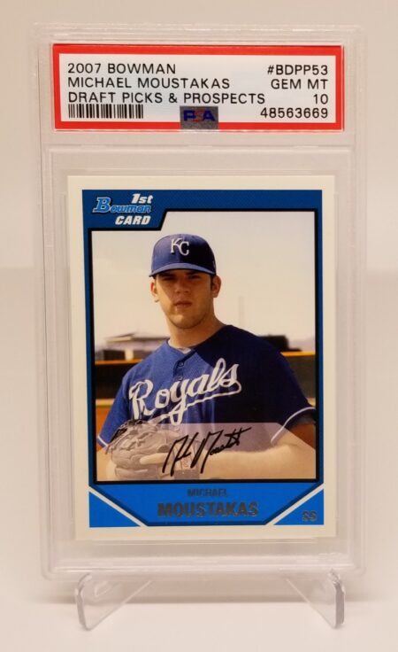 a 2007 Draft Picks & Prospects Michael Moustakas baseball card #BDPP53 PS 10 Low Pop (53) with a picture of a player.