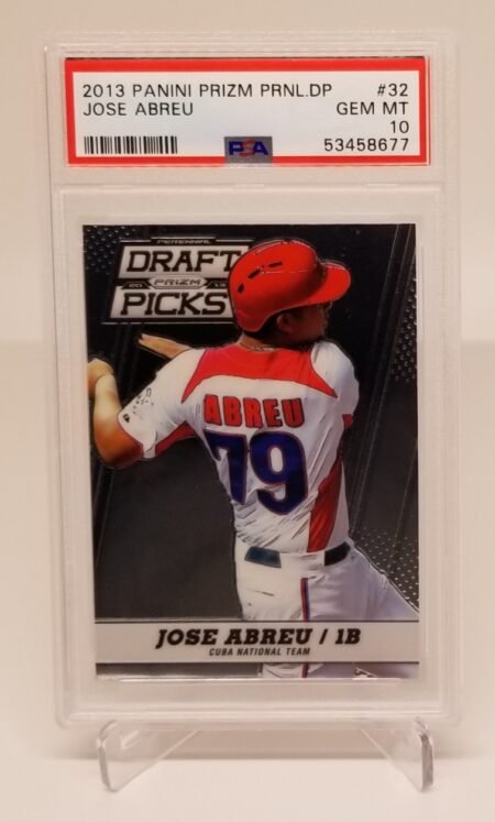 a 2013 Panini Prizm Draft Jose Abreu #32 PSA 10 Low Pop (40) baseball card with a baseball player on it.