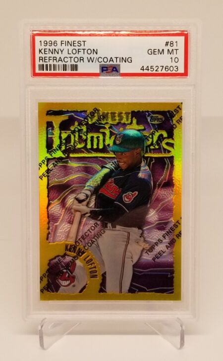 a 1996 Topps Finest Refractor Kenny Lofton #81 PSA 10 with a picture of a baseball player.