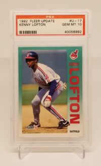 a card with a picture of a 1992 Fleer Update Kenny Lofton #U-17 PSA 10 baseball player.