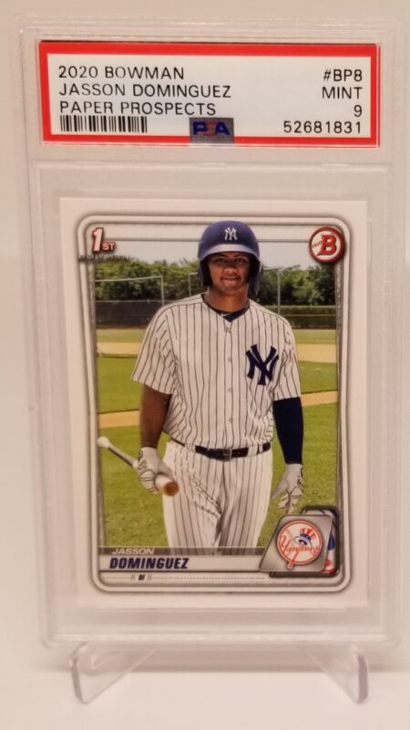 a 2020 Bowman Jasson Dominguez BP-8 PSA 9 with a Yankees player on it.