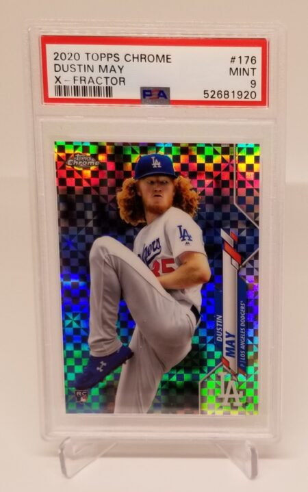 a 2020 Topps Chrome X-Fractor Dustin May #186 PSA 9 with a baseball player on it.
