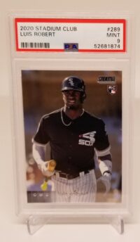 a 2020 Topps Stadium Club Luis Robert #289 PSA 9 with a picture of a white sox player.