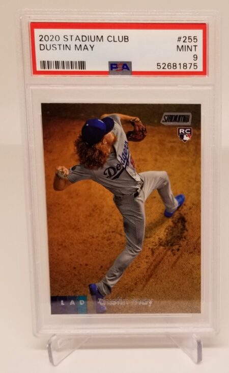 a 2020 Topps Stadium Club Dustin May #255 PSA 9 with an image of a pitcher throwing a pitch.
