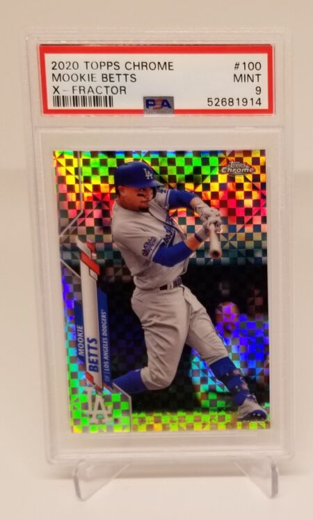 a card with a 2020 Topps Chrome X-Fractor Mookie Betts #100 PSA 9 baseball player on it.