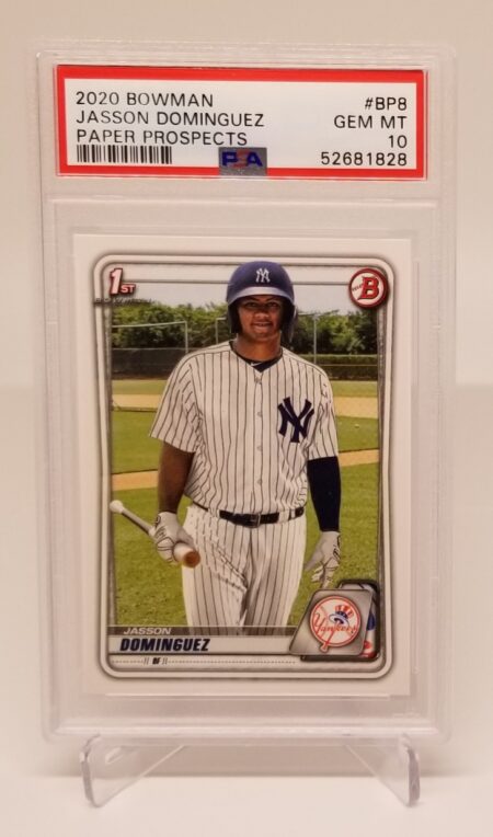 a 2020 Bowman BP-8 Jasson Dominguez PSA 10 with a yankees player on it.