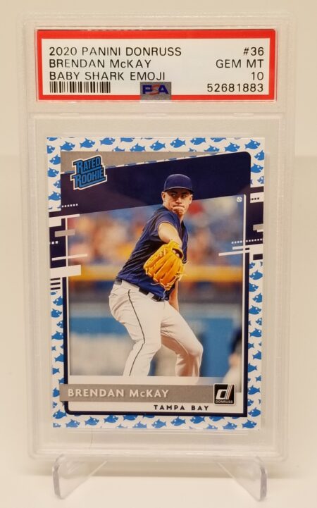 a 2020 Donruss Brendan McKay #36 SP Baby Shark PSA 10 with a picture of a pitcher.