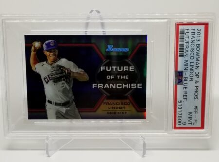 a 2013 Bowman Chrome Francisco Lindor Future Of The Franchise Blue 76/250 #FF-FL PSA 9 with a picture of a pitcher.