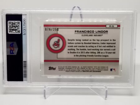 2013 Bowman Chrome Francisco Lindor Future Of The Franchise Blue 76/250 #FF-FL PSA 9 is displayed in a display case.