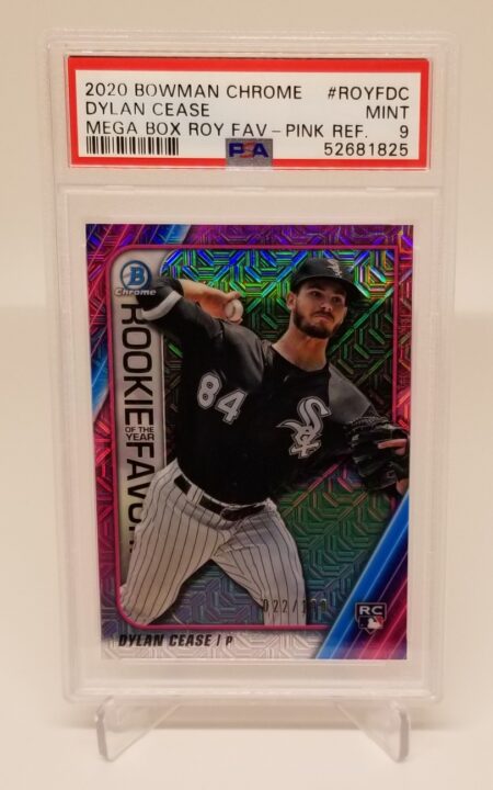 a 2020 Bowman Chrome Meg Box Pink Dylan Cease #ROYFDC 22/199 PSA 9 with a picture of a white sox player.