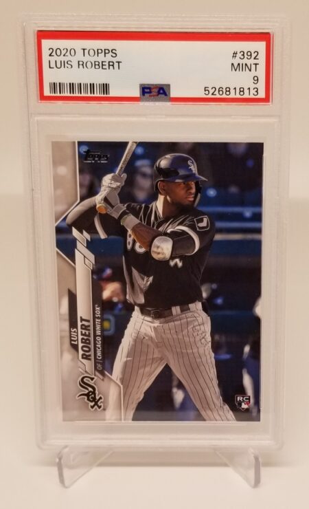 a card with the 2020 Topps Luis Robert #392 PSA 9 baseball player on it.
