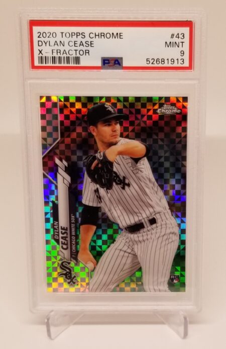 a 2020 Topps Chrome X-Fractor Dylan Cease #43 PSA 9 with a baseball player on it.