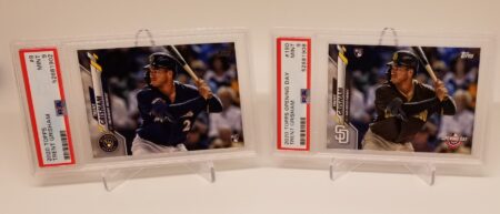 two 2020 Topps #9 & 2020 Topps Opening Day #190 Trent Grisham Lot (2) PSA 9 with a baseball player on them.