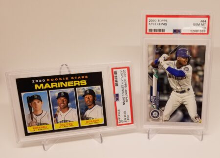 two 2020 Topps #64 & 2020 Topps Heritage #391 Lot (2) Kyle Lewis PSA 10 baseball cards in a display case.