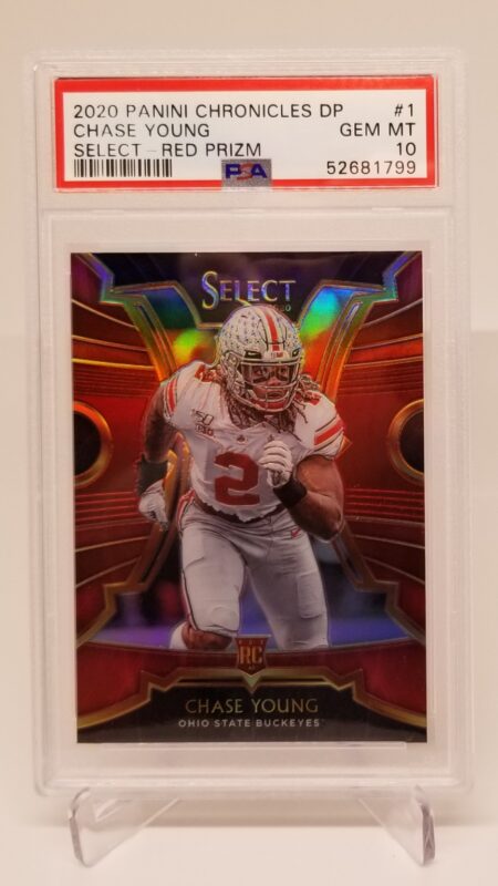 A 2020 Panini Chronicles DP Select Red Prizm trading card of chase young from ohio state buckeyes, graded gem mint 10 by psa, displayed in a protective case.
