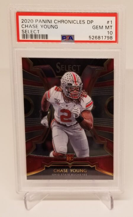 a 2020 Panini Chronicles DP Select Chase Young #1 PSA 10 in a display case.
