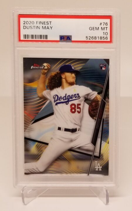 a 2020 Topps Finest #76 Dustin May PSA 10 with a dodgers logo on it.