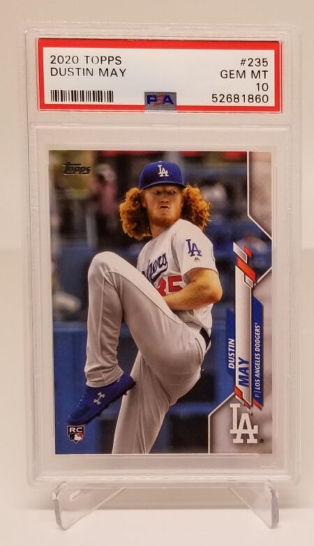 a 2020 Topps Dustin May #235 PSA 10 with a baseball player on it.