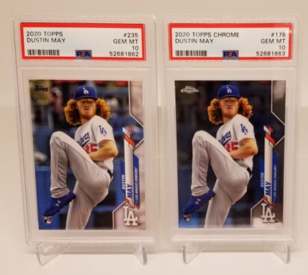 two 2020 Topps #235 & 2020 Topps Chrome #176 Lot (2) Dustin May PSA 10 baseball cards with a baseball player on them.