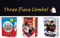 Three boxes of sports trading cards labeled "2022 Topps Chrome Platinum Anniversary Blaster Box - Personal Break" and "bowman 2023," with text "three piece combo!" and a chicken emoji above.