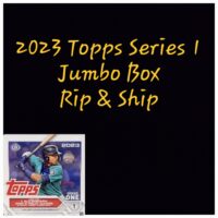 A 2023 Topps Series 2 Hanger Box - Personal Break for baseball cards with a "rip & ship" offer, featuring a graphic of a baseball player in action on the packaging.
