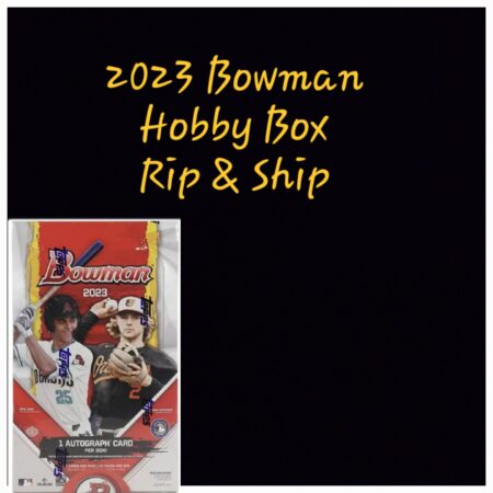Advertisement for a 2023 Topps Series 2 Hanger Box - Personal Break named "rip & ship," featuring a box of baseball cards with images of two players.