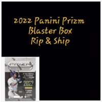 Advertisement for a 2022 Panini Prizm Baseball Blaster Box - Personal Break, featuring a product image with label "rip & ship.