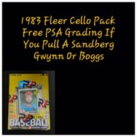 1983 Fleer Baseball Card Pack Panini Prizm Baseball Blaster Box - Personal Break advertisement, featuring a promotional offer for free psa grading with specific player cards, displayed on a black background.