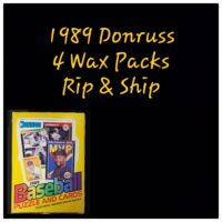 1989 Donruss baseball card wax packs, featuring a Ken Griffey Jr. puzzle, with text "4 wax packs rip & ship" on a black background.