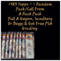 A collection of 1989 Donruss baseball card wax packs displayed, advertising a chance to find cards of famous players and a free psa grading offer.