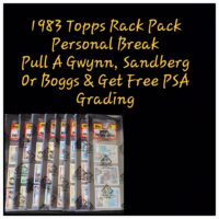 A collection of 1989 Donruss baseball card rack packs displayed with text promoting a free psa grading if a gwynn, sandberg, or boggs card is pulled.