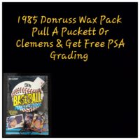 1989 Donruss baseball wax pack advertisement with text promoting a free psa grading if a puckett or clemens card is pulled.