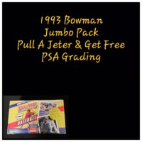 Promotional image featuring text "1993 Topps Pack - Free PSA Grading For All Derek Jeters Pulled" against a black background, with a lower inset image of a bowman baseball card pack.