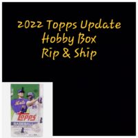 Text "2022 Topps Update Hanger Box rip & ship" above an image of a Topps baseball card box featuring a Mets player.